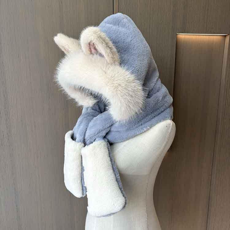 Winter New Fox Ears Women's Hat Scarf Gloves Integrated Three-piece Scarf Cute Plush Warm Windproof