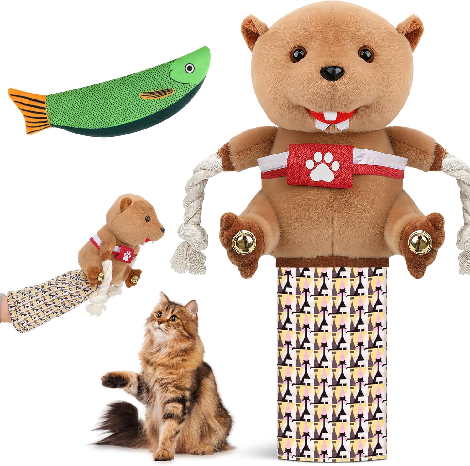 Cat Wrestling Gloves Doll - 2-piece set with fish-shaped toys, interactive cat and dog hand toys