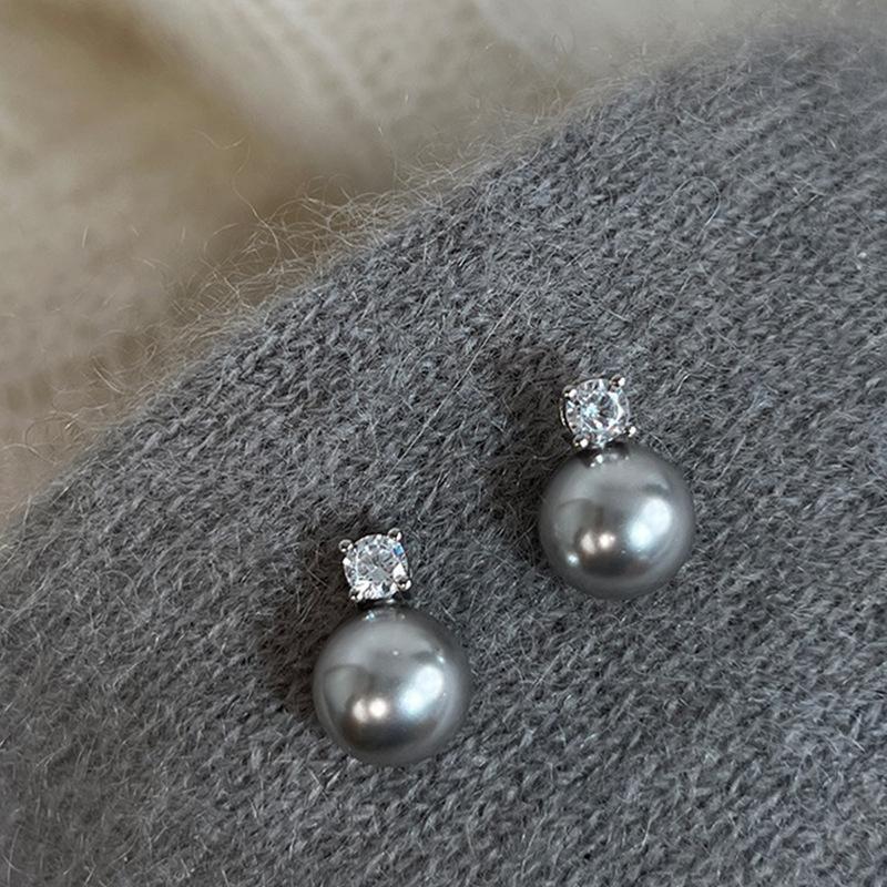 Grey pearl zircon stud earrings female Korean niche retro personality simple temperament earrings earrings