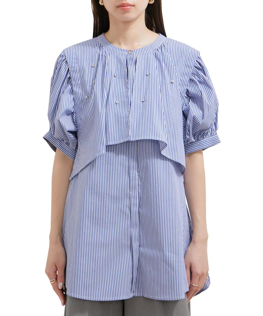 Washable Rhinestone Shirt Tunic Sax [BIS] Blouse, Women's, (48)