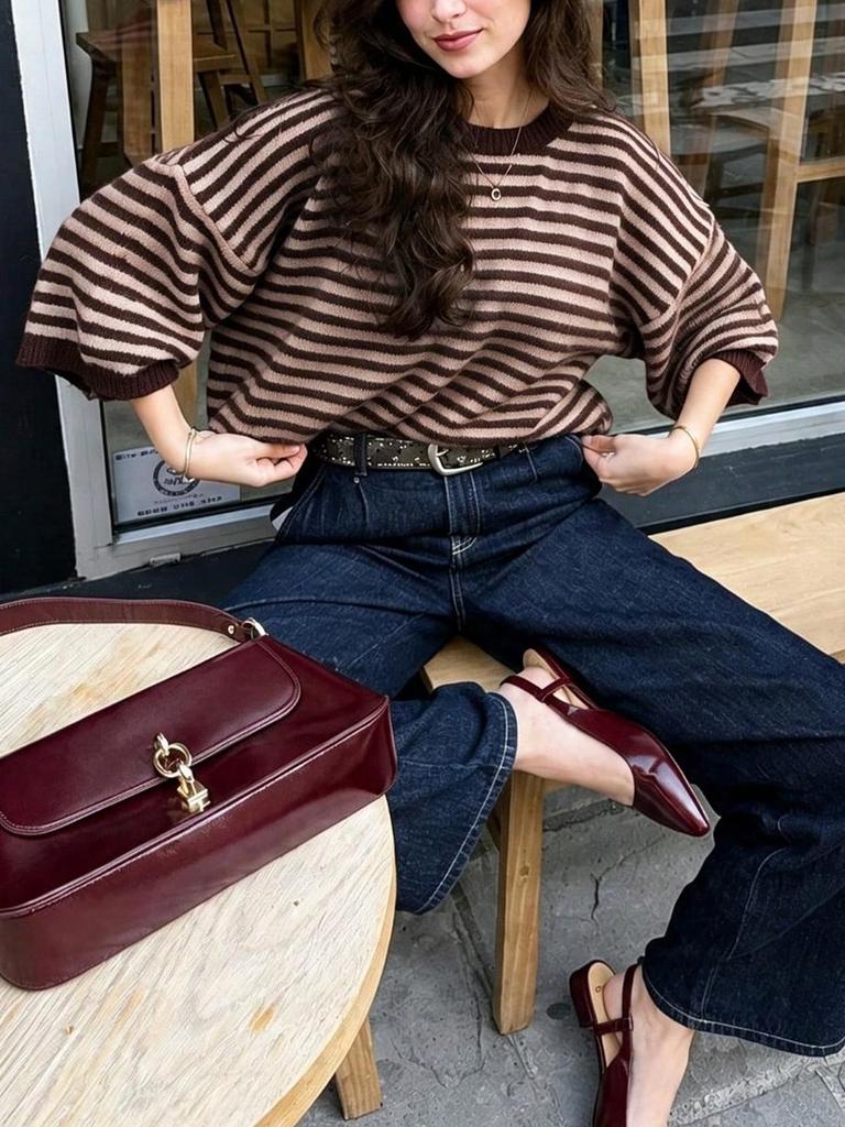 Women's Color Block Horizontal Stripe Knitwear - Casual Loose Batwing Mid-Sleeve Short Pullover Sweater