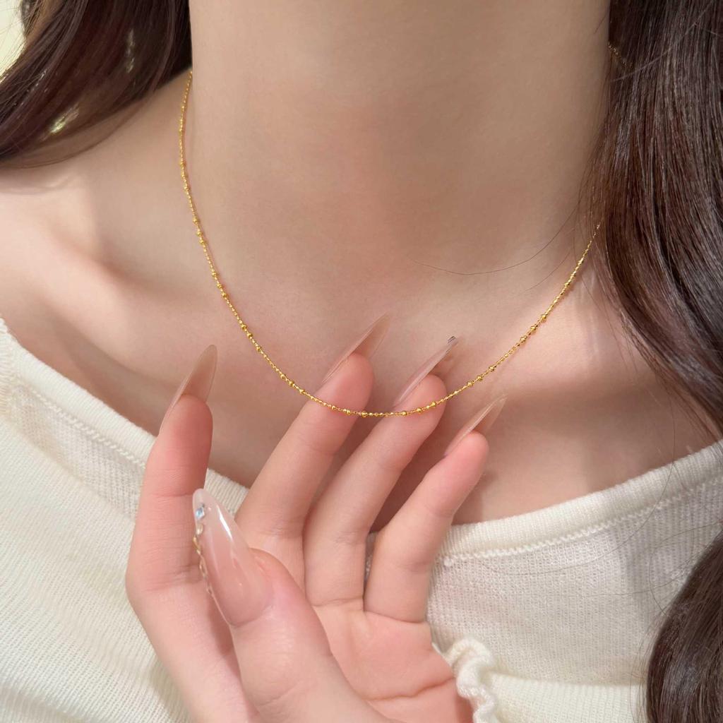 Japanese Exquisite S925 Sterling Silver Star Choker Necklace, 18K Gold-Plated, Super Shiny Faceted Bead Chain