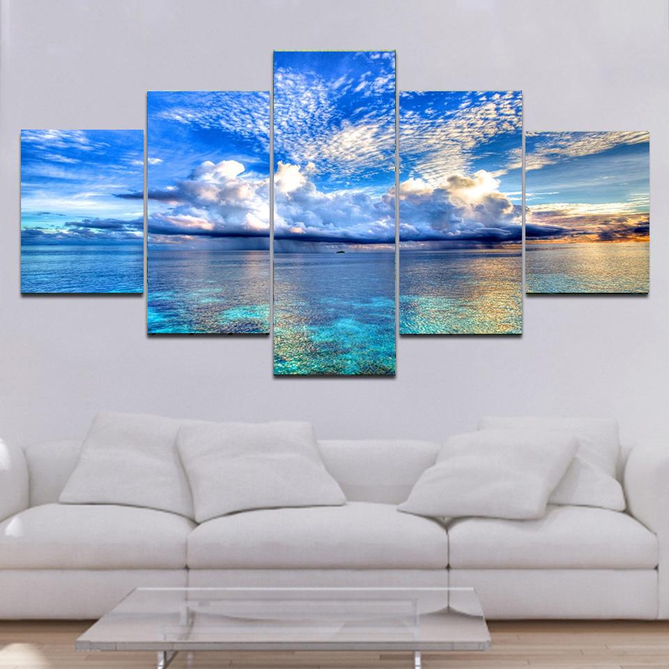 5 Pieces Natural Blue Beach Sunset Landscape Canvas Painting Seascape Posters And Prints Wall Art Pictures Home Decor No Frame