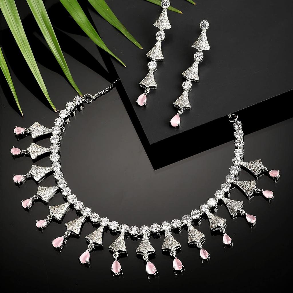 Rhodium Plated Silver Toned White American Diamond Studded Necklace With Earring Jewellery Set For Woment and Girl