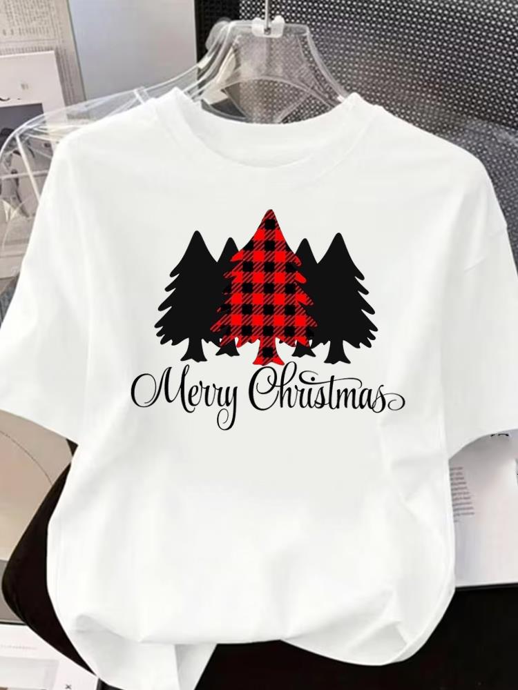 (Asian Size) Tree Cute 90s O-neck T Shirt Short Sleeve T-shirts Merry Christmas Fashion Women's Top Print Casual New Year Clothing Graphic Tee