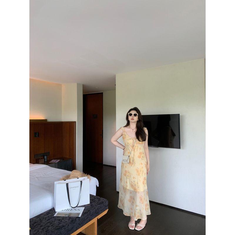 

Slightly Plus Size Soft Light Sheer Fabric/French V-Neck Slim Fit Floral Dress with Waist-Cinching Effect and Slimming Effect, Plus Size Strap Dress Tender yellow XL