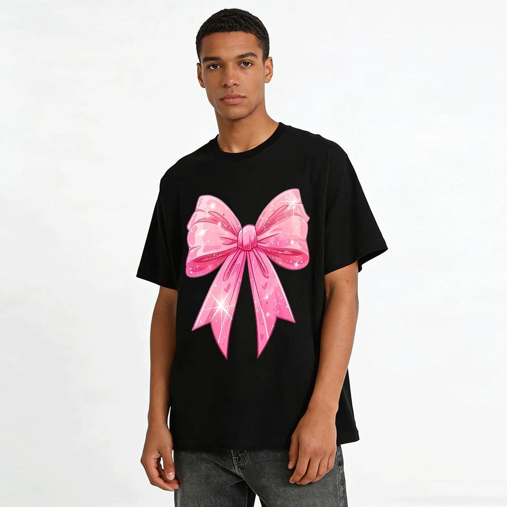 Sparkly Pink Bow Print Sweet Youthful Casual Top Pure cotton T-shirt
