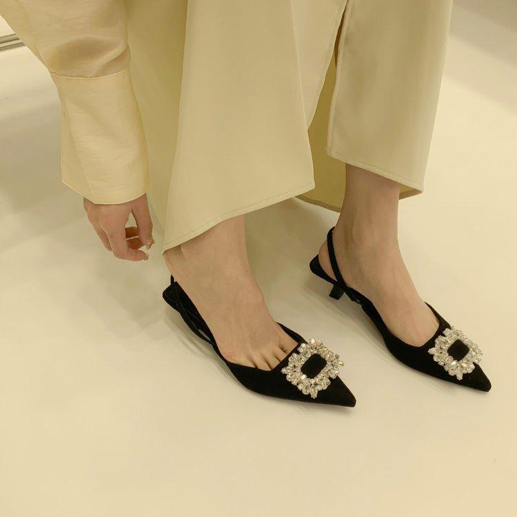 Summer new thin heel sandals mid-heel square buckle elegant rhinestone pointed shallow mouth single shoes
