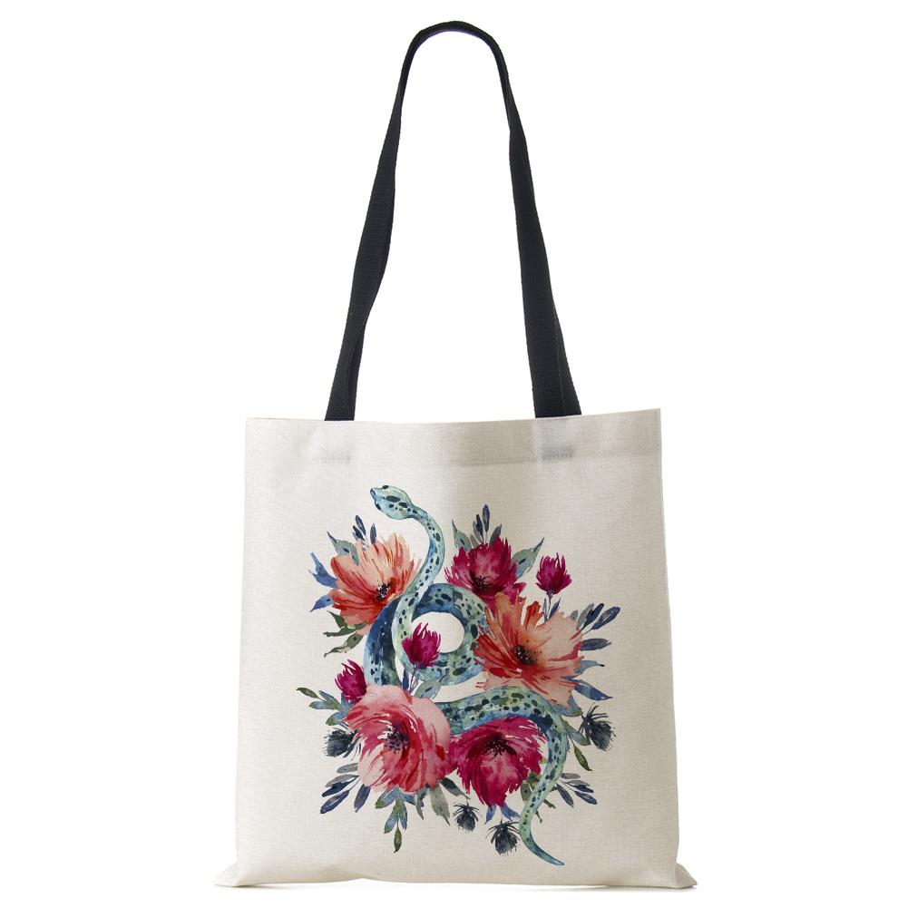 Flower Snake Women Shoulder Bag Letter Printed Reusable Shopper Tote Bag Harajuku Eco Canvas High Capacity Handbag CLE