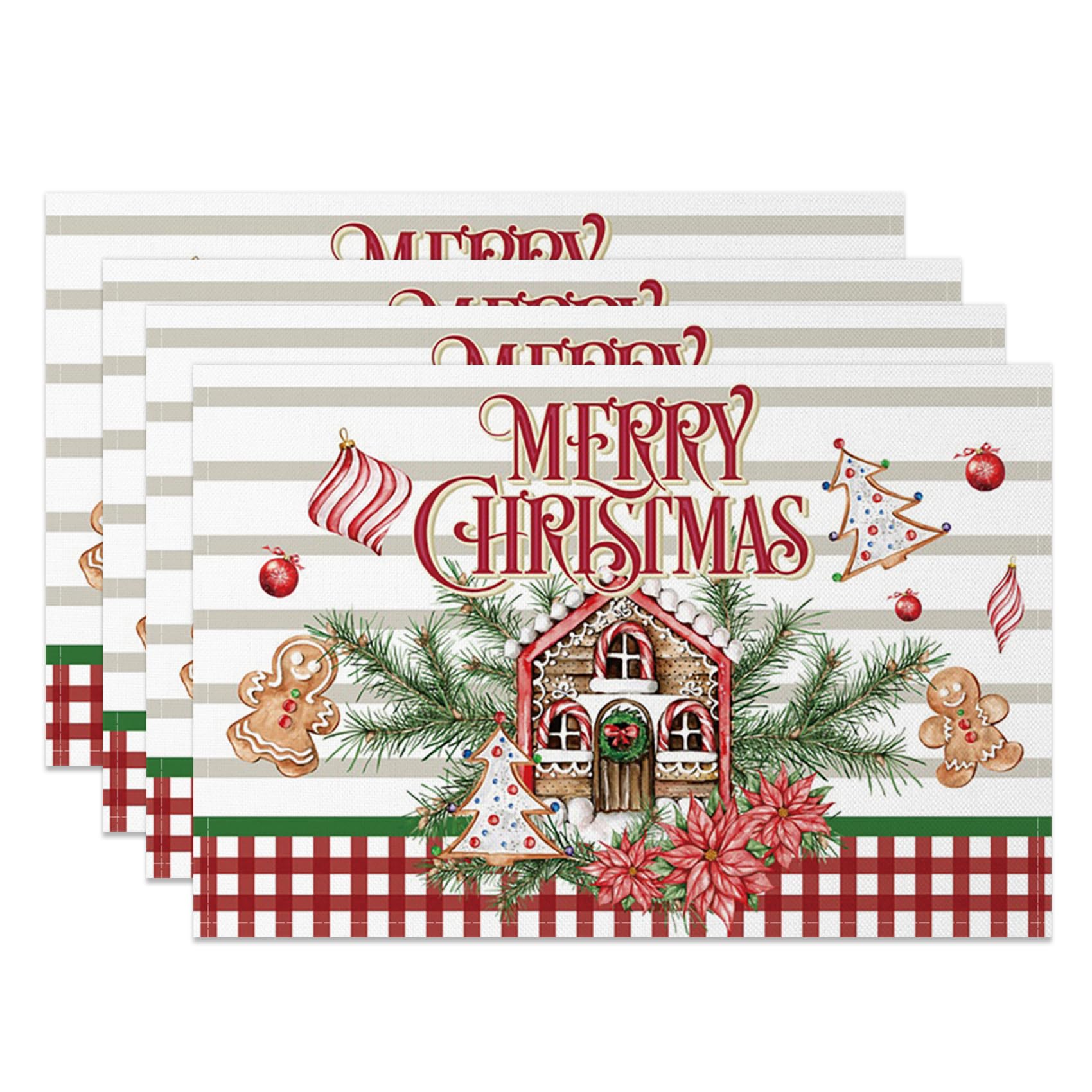 

Christmas Beige Red Green Placemats Set of 4 Elk Snowflake Xmas Tree Table Mats Durable Water Resistant Place Mats 4Pcs