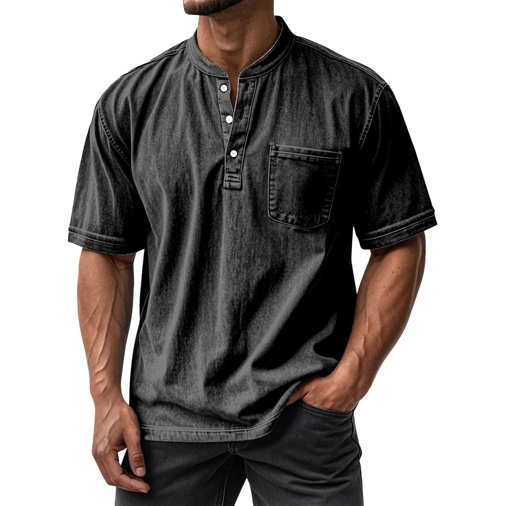 Men's Summer Round Neck Short Sleeve T-Shirt Neck Men's All-match Casual Button Shirt