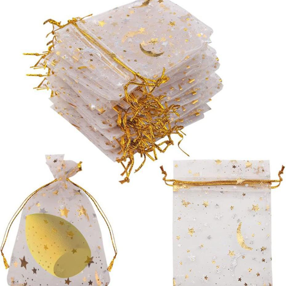 Transparent Organza Mesh Bag with Star & Moon Design, Drawstring Pouch for Jewelry or Candy Gift Packaging