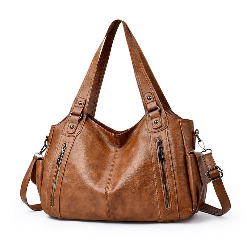 Damen Schultertasche, Umhängetasche, Große Kapazität, Hochwertige Handtasche aus weichem Leder, Pendler Nietentote 39*14*25cm hellbraune