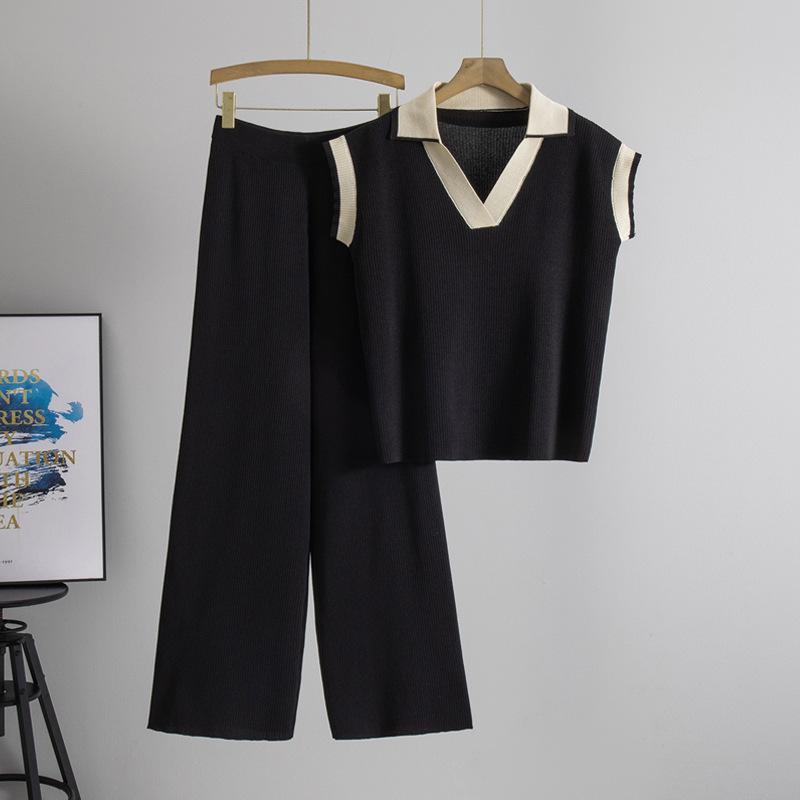 Women's Summer 2026 Polo Collar Knit Top and Pants Set - Loose, Slimming Casual Fashion Two-Piece.