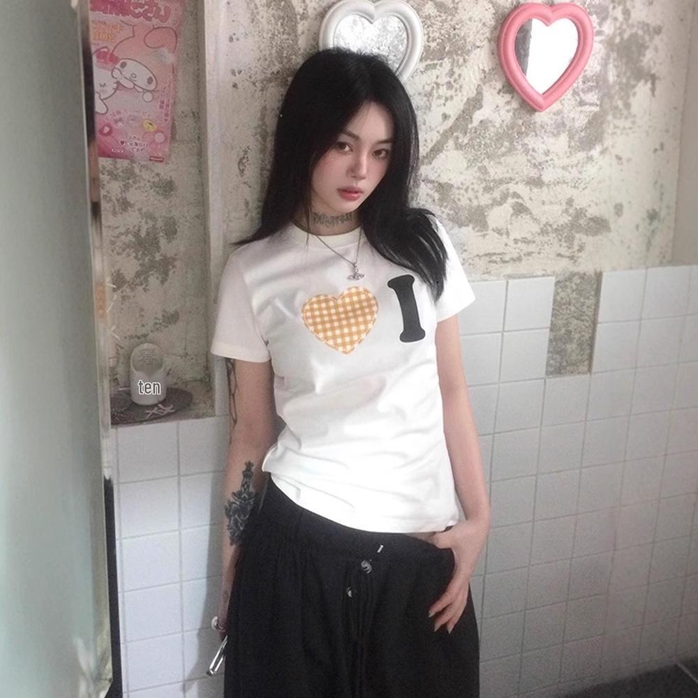 

Women s Summer Retro Plaid Heart Short Sleeve T-Shirt M Premium