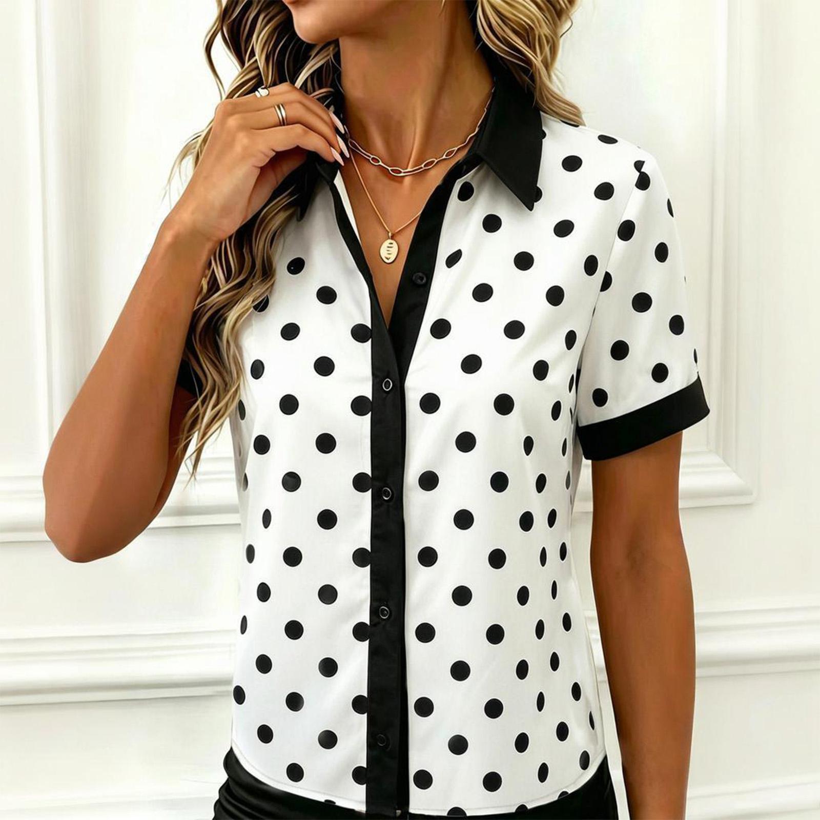 

Women s Short Sleeve Button Down Shirt Polka Dot and Stripe Patterned Contrast Placket Casual Blouse Lightweight Breathable Fabric S білий