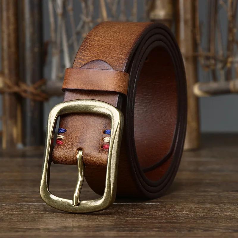 3.8 Wide Pure Cowhide Genuine Leather for Men's High Quality Jeans Brass Buckle Belts Cowboy Waistband Male Fashion Designer