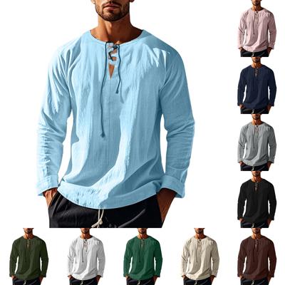 Men's Loose Bandage V-Neck Long Sleeve T-Shirt Men's Solid Color Cotton And Linen Beach Shirt