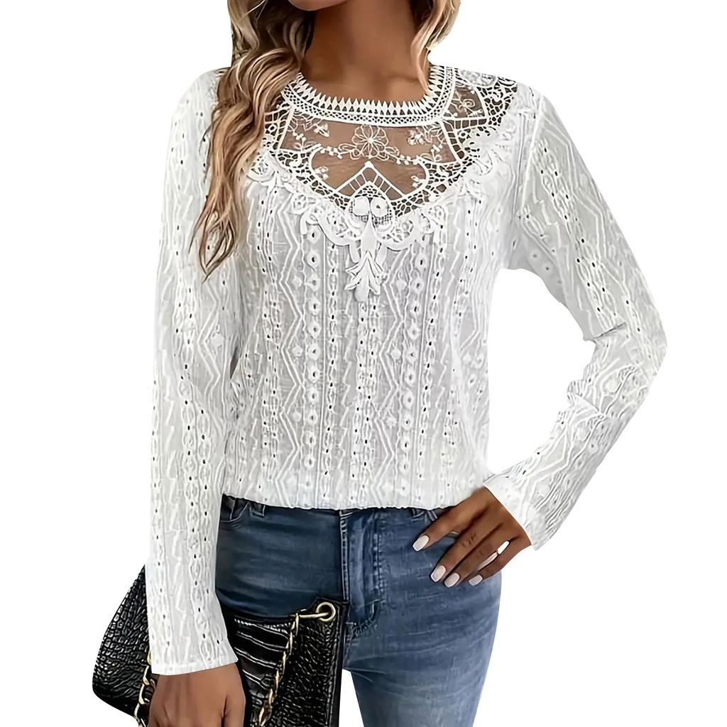 Women's Fashion Solid Color Lace Splicing Casual Hollowed Out Long-sleeved T-shirt