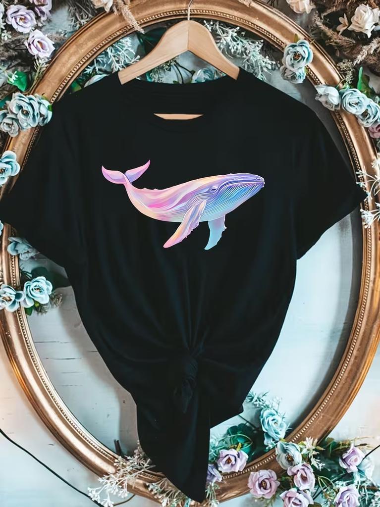 Unisexs Crew Neck Short Sleeve Casual Tee Celestial Whale With Star Constellation Print Daily Summer Top