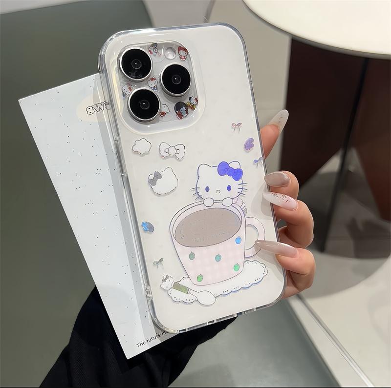 

New Hello Kitty Kawaii Coffee Cup Glitter Clear Phone Case With Wrist Strap For iPhone 15 16 17 Pro Max INS Cute Shockproof Prot For iPhone 17ProMax