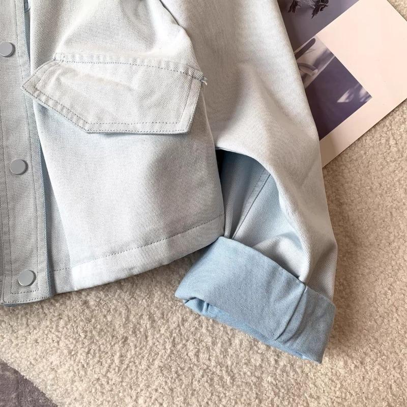 Women Color Denim Cropped Baseball Jacket Spring Korean Casual Round Neck Zip Up Outerwear for Petite Girls