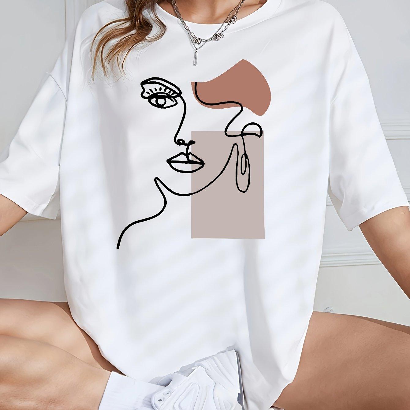 

Circle Face Line with Color Block Pattern Print Summer Women s Loose Fit Oversized T-shirt Summer T Shirt Loose Sport Jogging Shirt 4XL білий