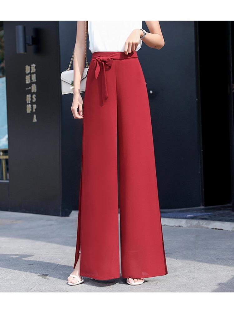 

Шифоновые брюки с широкими штанинами женские летние с высокой талией брюки-юбка с разрезом драпированные брюки с эффектом ниспадания развевающиеся свободные двухслойные брюки S