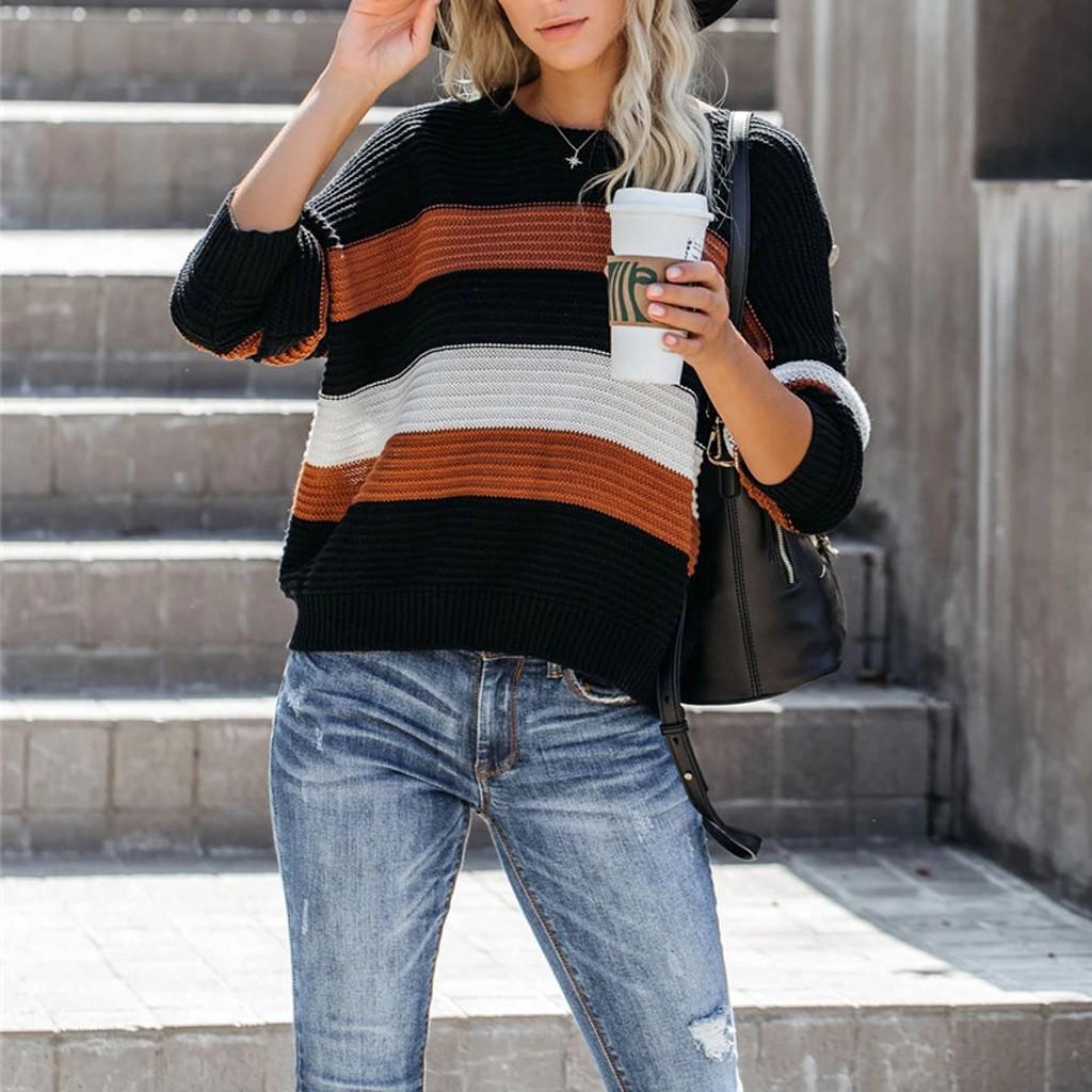 Women's Long Sleeve  Striped Color Block Casual Loose Knitted Pullover