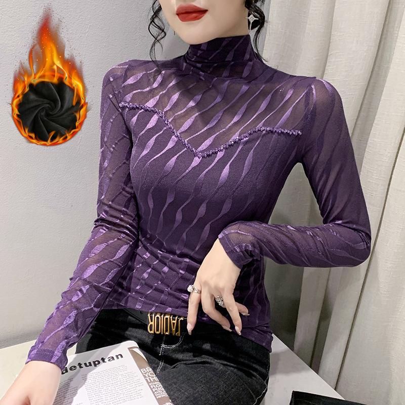 Autumn and Winter High-neck Mesh Beaded Long-sleeved T-shirt for Women, Slim and Fashionable Top Plus Velvet Warm Base Shirt
