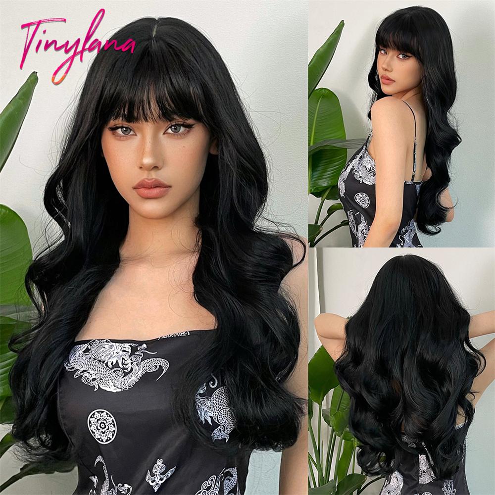 Light Pink Long Wavy Cosplay Synthetic Hair Wigs with Bangs for White Women Afro Lolita Water Wave Halloween Heat Reisitant Wig