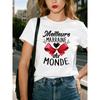 Meilleure Marraine Du Monde Letter Print T-shirt, Short Sleeve Crew Neck Casual Top for Summer & Spring, Women's Clothing