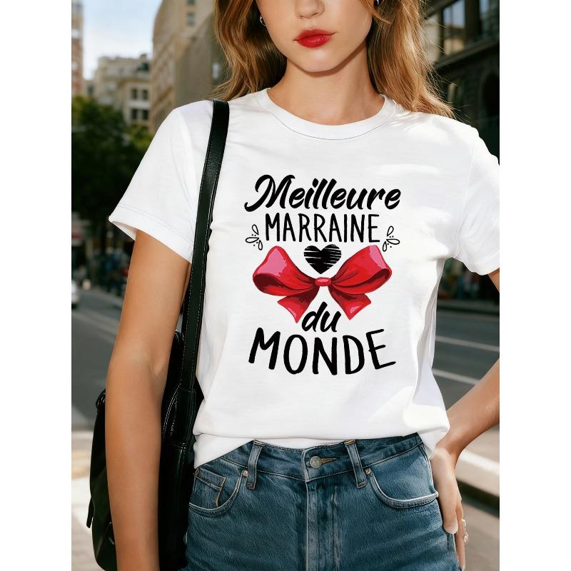 Meilleure Marraine Du Monde Letter Print T-shirt, Short Sleeve Crew Neck Casual Top for Summer & Spring, Women's Clothing