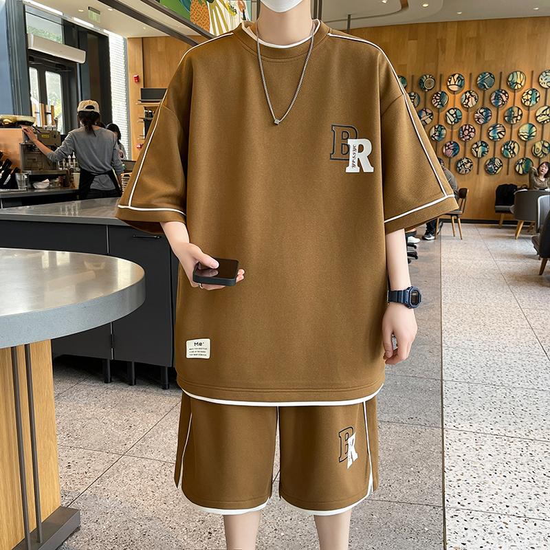 

Short-sleeved Suit Letter Print Sports Casual Two-piece Set Half-sleeved Shorts Suit 2XL хаки