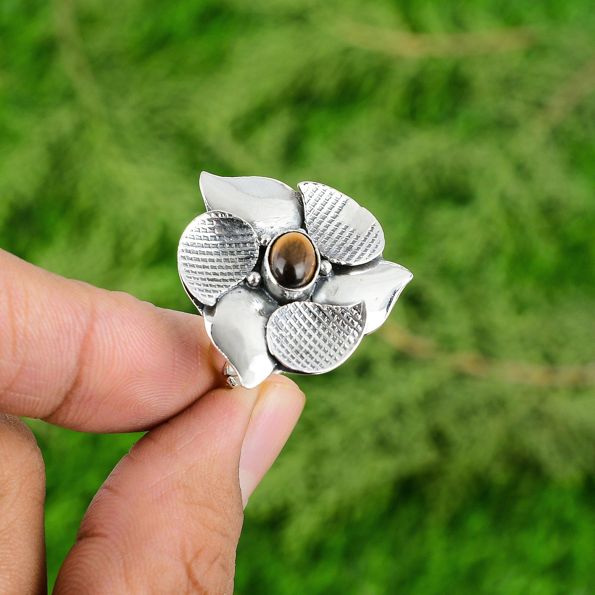 

Natural Tiger S Eye 925 Silver Multi Stone Flower Adjustable Ring For Girls Adjustable