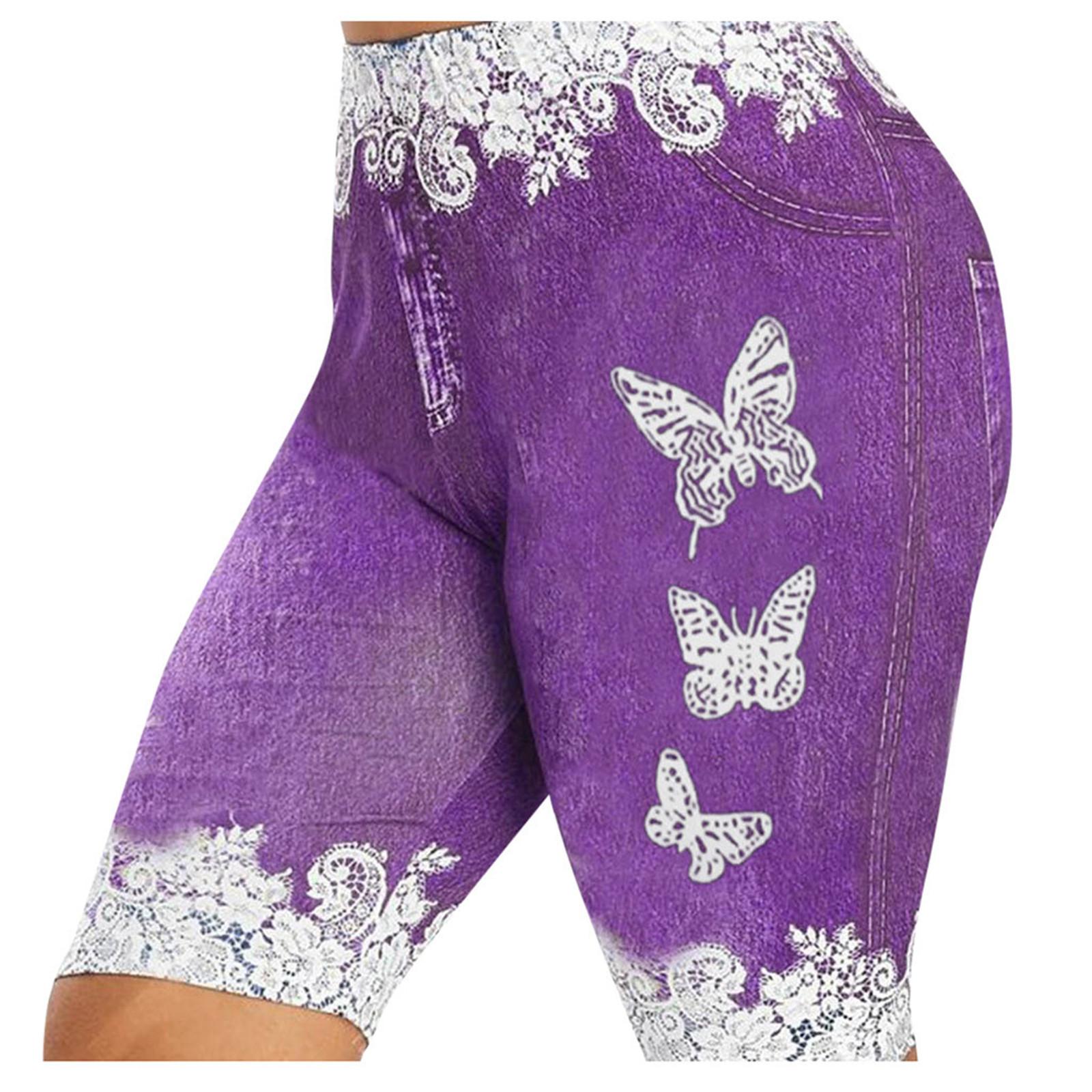 

Women s Plus Size Skinny Butterfly Print Casual Jeggings Faux Denim Jean Shorts XL фіолетовий