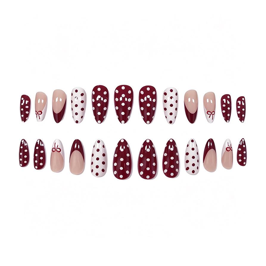 Nail art, French polka dot bow girl style long almond-shaped nail wear