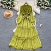 Retro court style lantern sleeve dress women's summer hollow crochet single-breasted light mature temperament royal sister long skirt