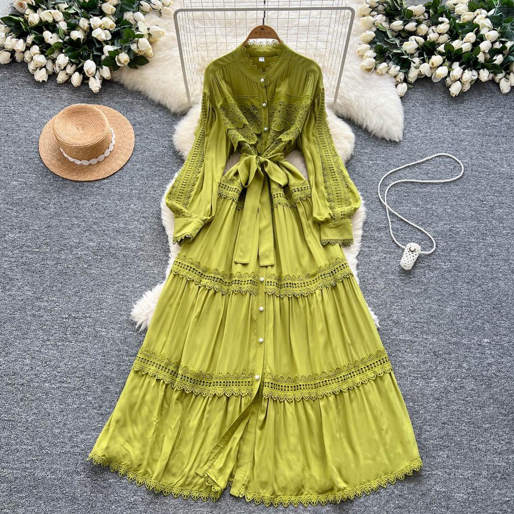 Retro court style lantern sleeve dress women's summer hollow crochet single-breasted light mature temperament royal sister long skirt