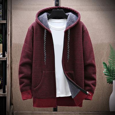 Men Winter Thickened Plush Lining Sweater Coat Hooded Drawstring Long Sleeve Pockets Zipper Placket Cardigan Knitted Jacket