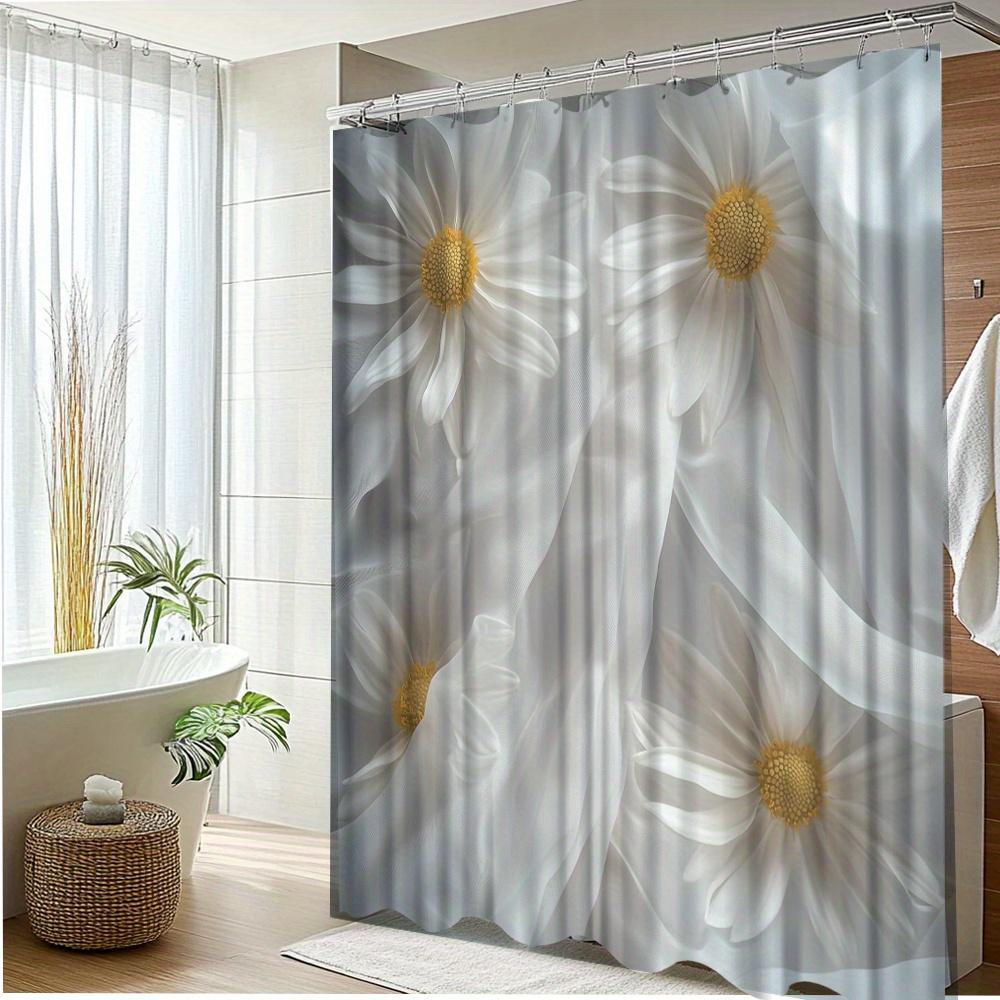 1 Stück Gänseblümchen-Duschvorhang - Weiß & Gelb Blumendesign, Strapazierfähiger Polyesterstoff, 70,8 x 70,8 Zoll Mit 12 Haken, Maschinen
