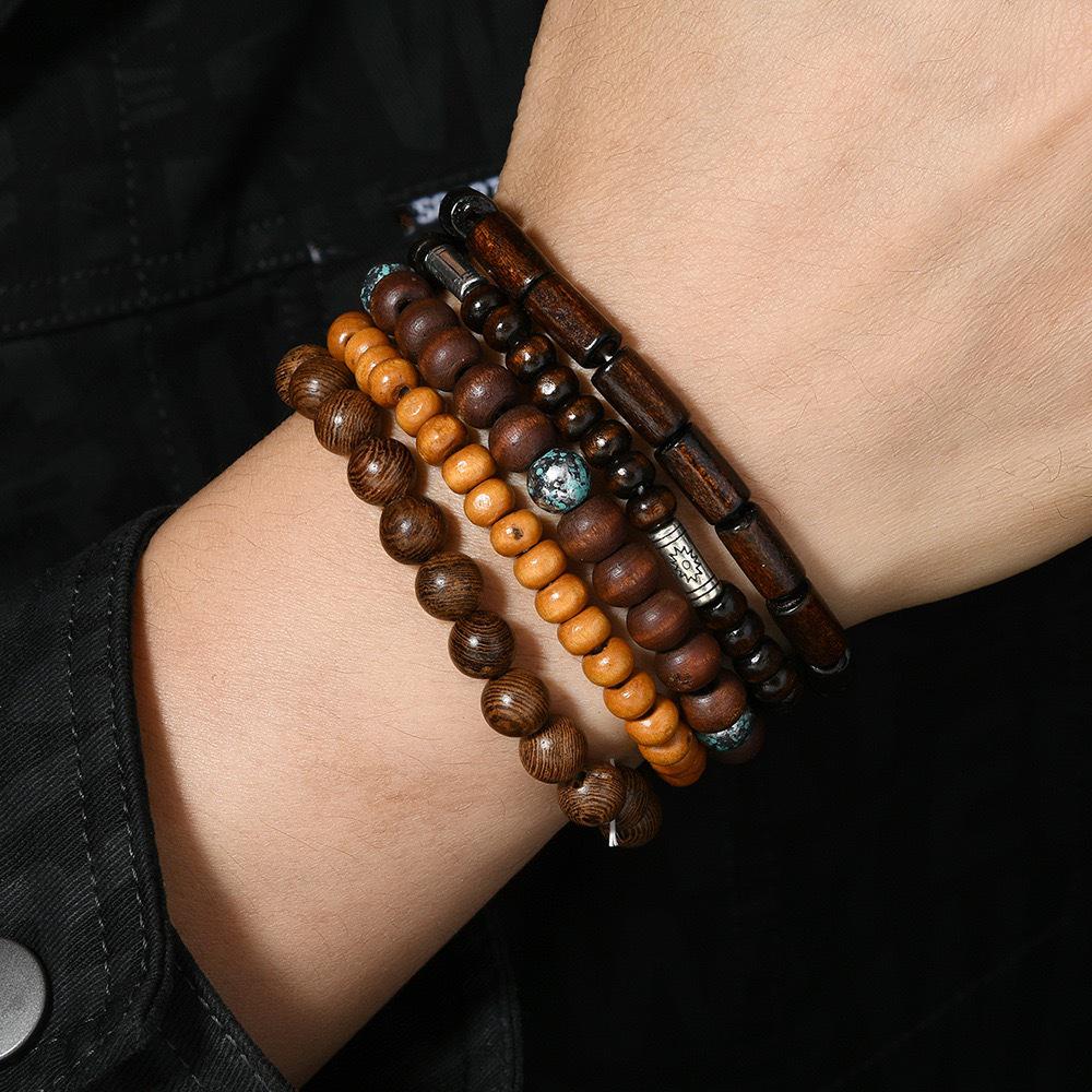 Bohemian Style Handmade Beaded Tree of Peace Bracelet Set - 5-Piece Elastic Cord Men's Wooden Beads