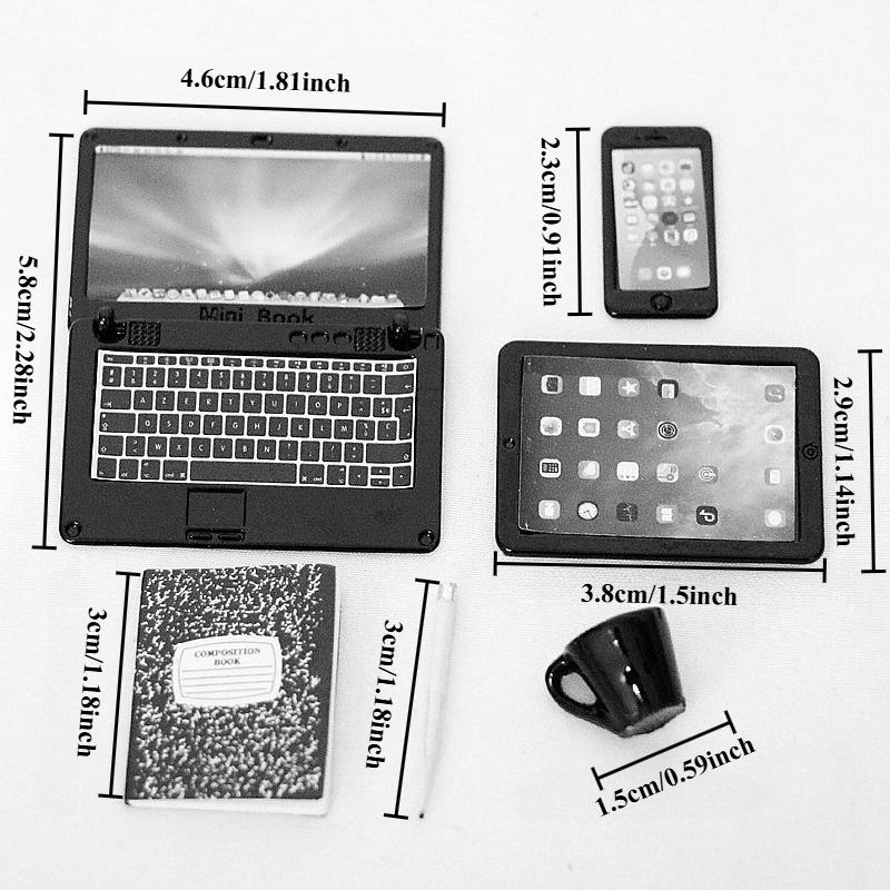 Conjunto de Brinquedo de Escritório Miniatura para Casa de Bonecas 7 Peças Mini Laptop Computador Tablet Telefone Lâmpada Livro Caneca de Café Caneta Simulação para Casa de Bonecas