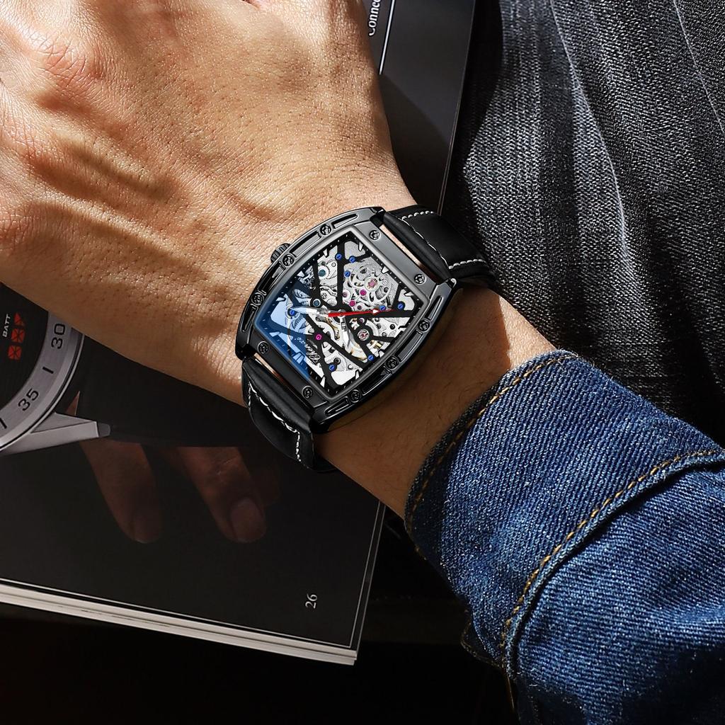 New TOP Brand Luxury Men's Watch With Box Men's Wine Barrel-shaped Hollow Automatic Leather Waterproof Men's Mechanical Watches
