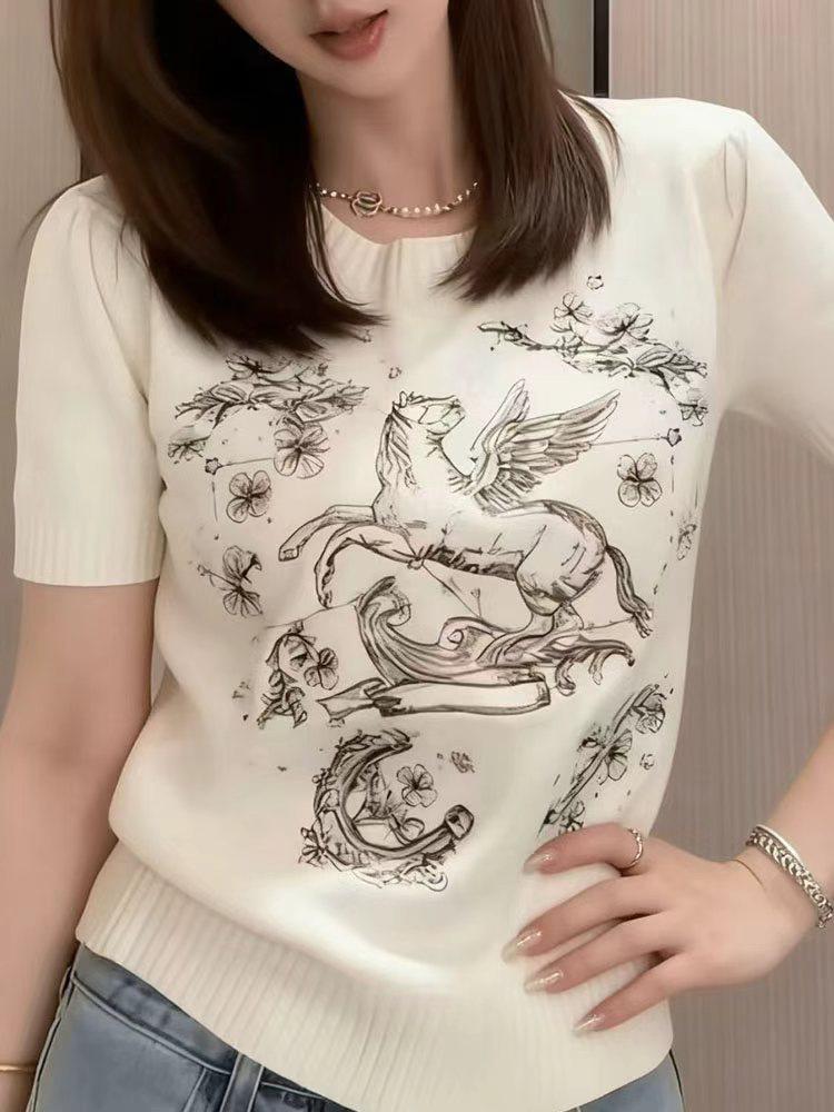 2026 Year of the Horse Embroidered Wool Knit Short Sleeve Sweater - Women's Slim Fit Base Layer for Spring/Summer