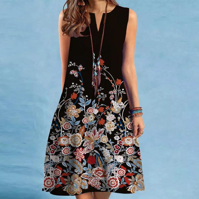 Vacation Women Floral Print Summer Short Beach Dress For Woman Floral V Neck Sundress Sleeveless Casual Loose Tank Mini Dresses