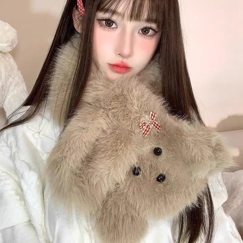 1116 New Korean Version Plush Small Scarf Fur Collar Women Winter Thickened Warm Versatile Cold Neck Protection Cross Scarf