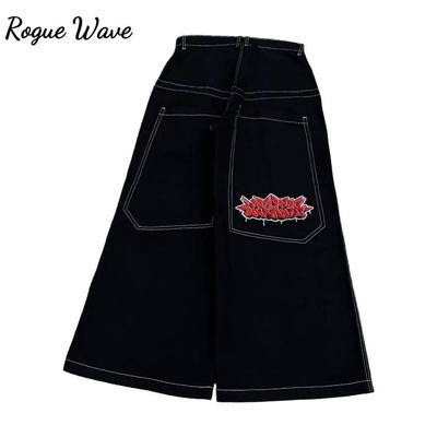 RogueWave Hip Hop Y2k Νέο Χρώμα Wexwear Κεντημένο Φαρδύ Τζιν Παντελόνι Streetwear Τζιν Άνδρες Γυναίκες Ψηλόμεσο Φαρδύ Παντελόνι Harajuku Μαύρο Παντελόνι