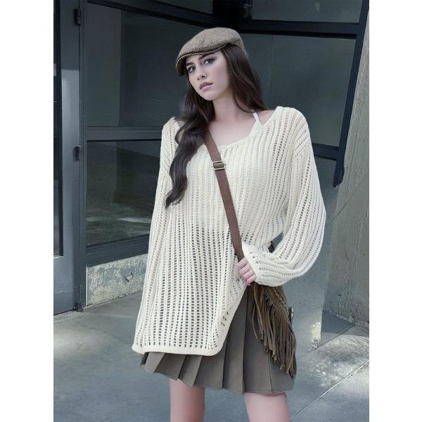 Spring/Summer Women s Knitted Shirt Long Sleeve Loose Round Neck Hollow Air Conditioning Shirt for Women S слоновая кость
