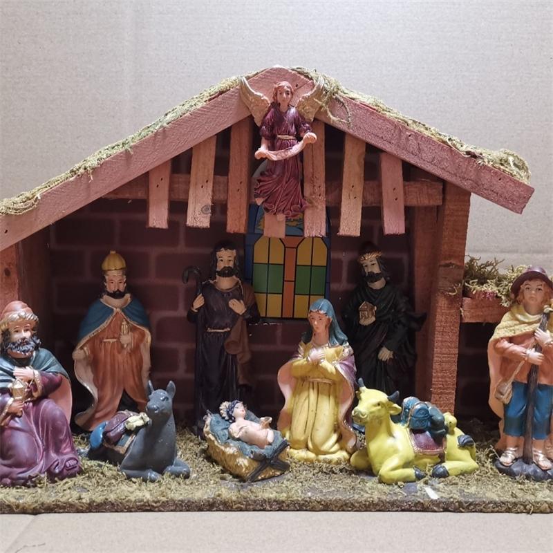 European Christmas Nativity Large Wooden Cottage Ornament Set For Table Centerpiece And Mantel Holiday Gift